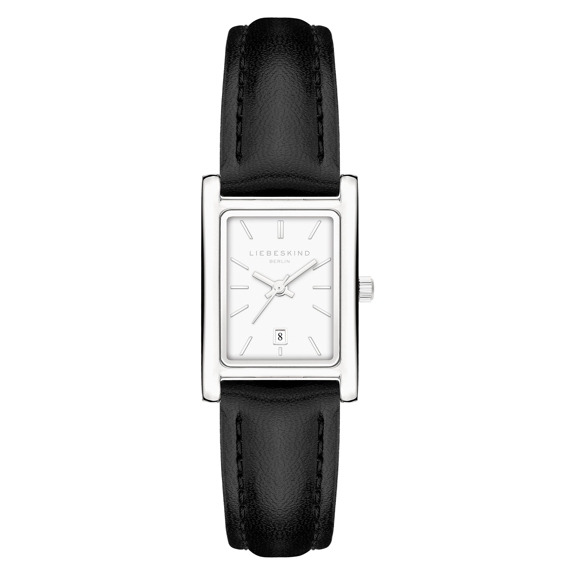 LIEBESKIND BERLIN Damenarmbanduhr mit rechteckigem silberfarbenem Gehäuse, weißem Zifferblatt und schwarzem Lederarmband.
