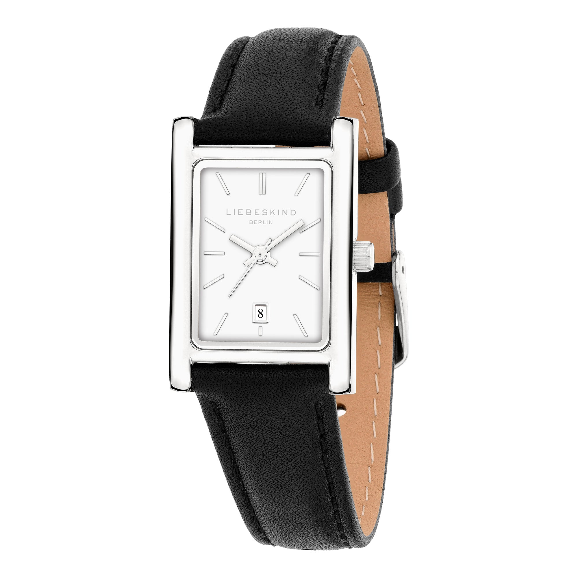 Rechteckige LIEBESKIND BERLIN Damenarmbanduhr mit silberfarbenem Gehäuse, schwarzem Lederarmband und Datumsanzeige.