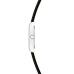 Seitenansicht der LIEBESKIND BERLIN Damenarmbanduhr mit schlankem silberfarbenem Gehäuse und schwarzem Lederarmband.