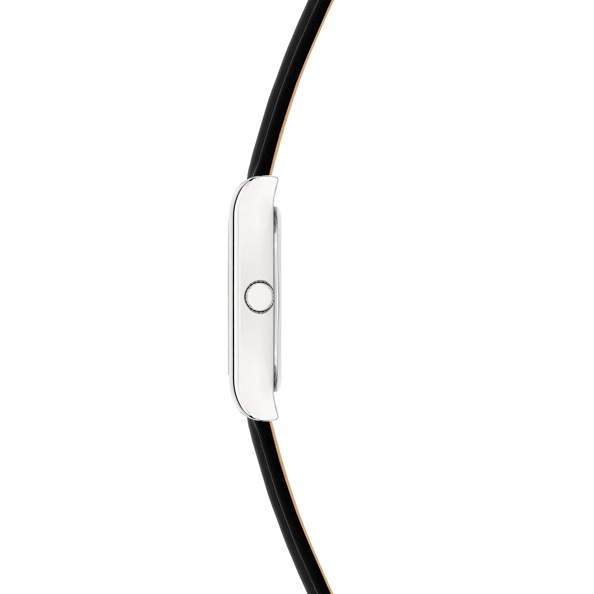 Seitenansicht der LIEBESKIND BERLIN Damenarmbanduhr mit schlankem silberfarbenem Gehäuse und schwarzem Lederarmband.