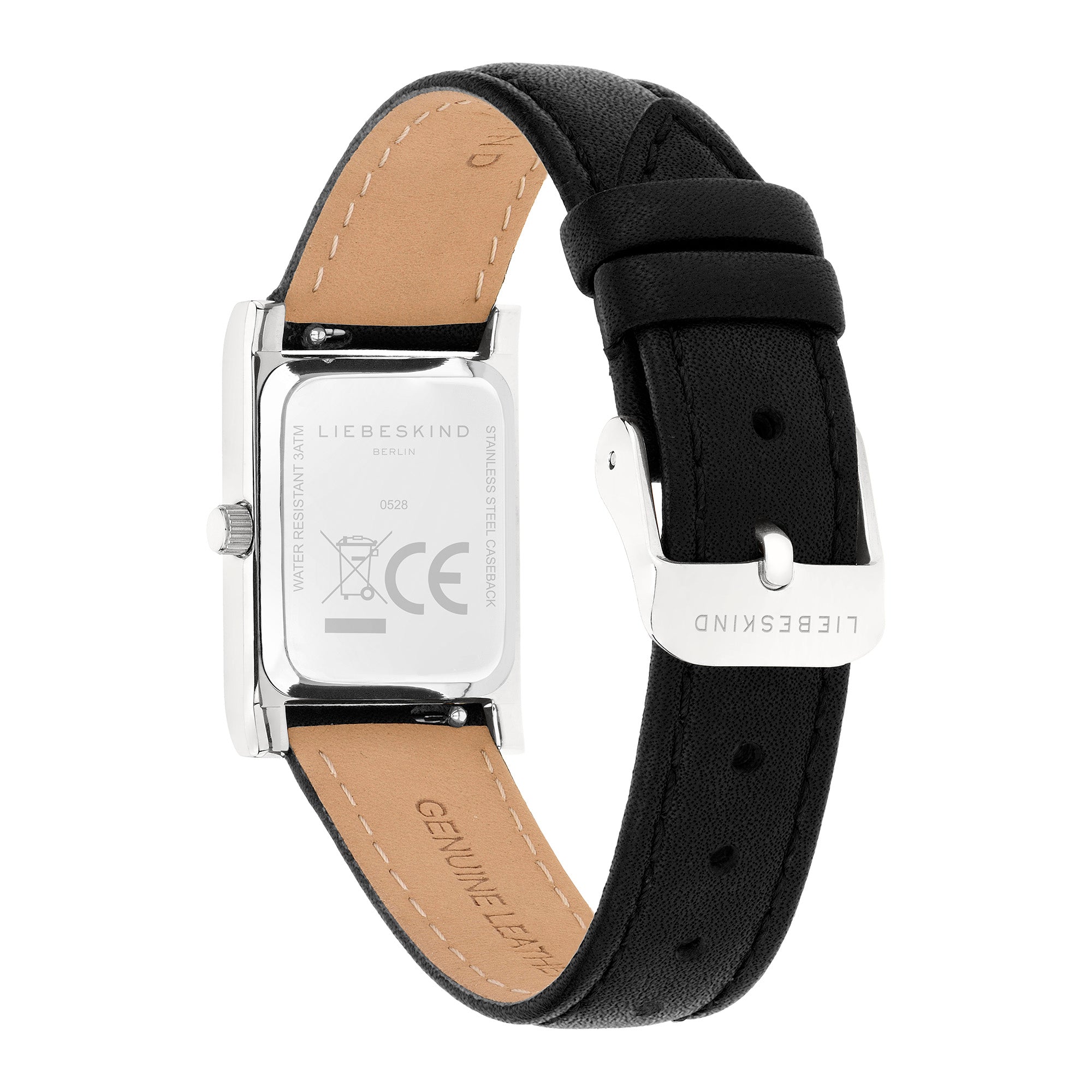 Rückansicht der rechteckigen LIEBESKIND BERLIN Damenarmbanduhr mit schwarzem Lederarmband und silberfarbener Dornschließe.