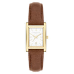 LIEBESKIND BERLIN Damenarmbanduhr mit rechteckigem goldfarbenem Gehäuse, weißem Zifferblatt und braunem Lederarmband.