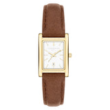 LIEBESKIND BERLIN Damenarmbanduhr mit rechteckigem goldfarbenem Gehäuse, weißem Zifferblatt und braunem Lederarmband.
