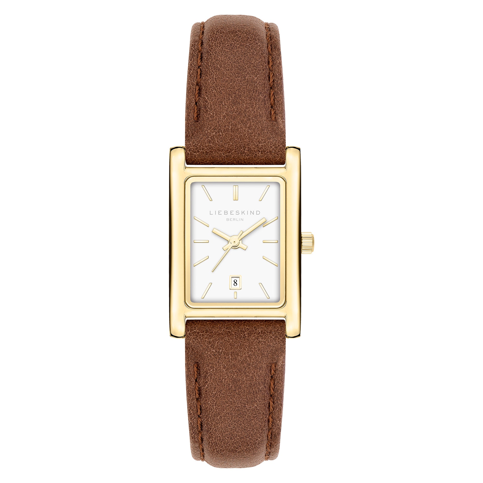 LIEBESKIND BERLIN Damenarmbanduhr mit rechteckigem goldfarbenem Gehäuse, weißem Zifferblatt und braunem Lederarmband.
