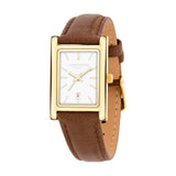 Rechteckige LIEBESKIND BERLIN Damenarmbanduhr mit goldfarbenem Gehäuse, braunem Lederarmband und Datumsanzeige.