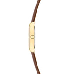 Seitenansicht der LIEBESKIND BERLIN Damenarmbanduhr mit schlankem goldfarbenem Gehäuse und braunem Lederarmband.