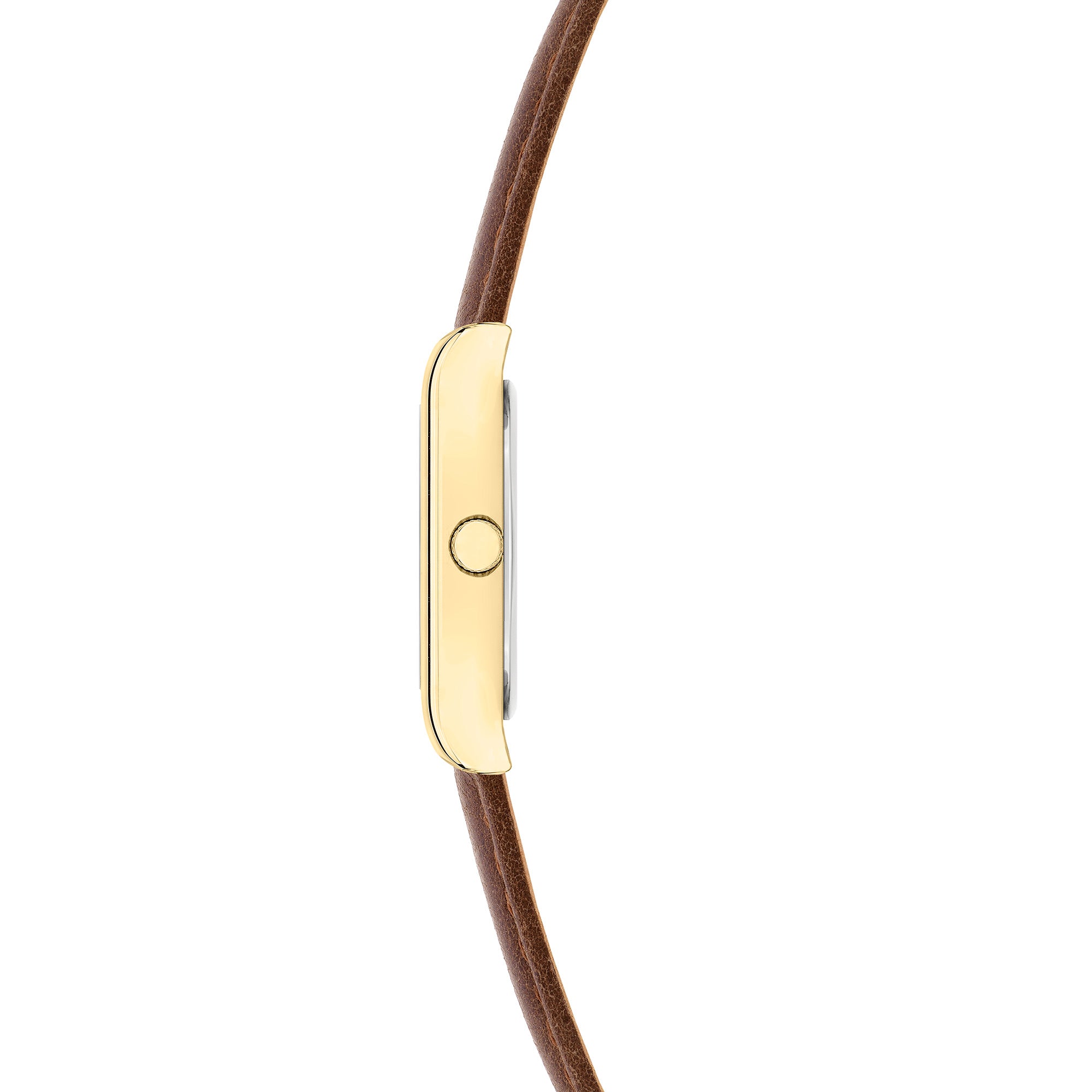 Seitenansicht der LIEBESKIND BERLIN Damenarmbanduhr mit schlankem goldfarbenem Gehäuse und braunem Lederarmband.