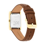 Rückansicht der rechteckigen LIEBESKIND BERLIN Damenarmbanduhr mit braunem Lederarmband und goldfarbener Dornschließe.