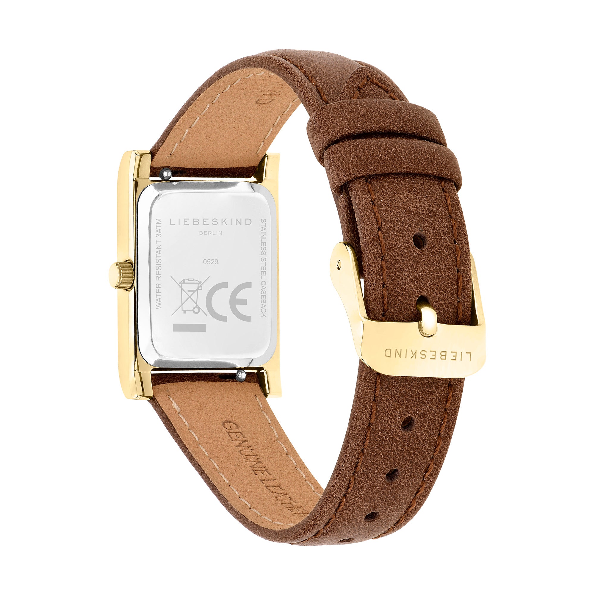 Rückansicht der rechteckigen LIEBESKIND BERLIN Damenarmbanduhr mit braunem Lederarmband und goldfarbener Dornschließe.