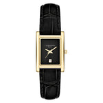 LIEBESKIND BERLIN Damenarmbanduhr mit rechteckigem goldfarbenem Gehäuse, schwarzem Zifferblatt und schwarzem Lederarmband.