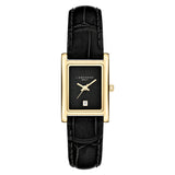 LIEBESKIND BERLIN Damenarmbanduhr mit rechteckigem goldfarbenem Gehäuse, schwarzem Zifferblatt und schwarzem Lederarmband.