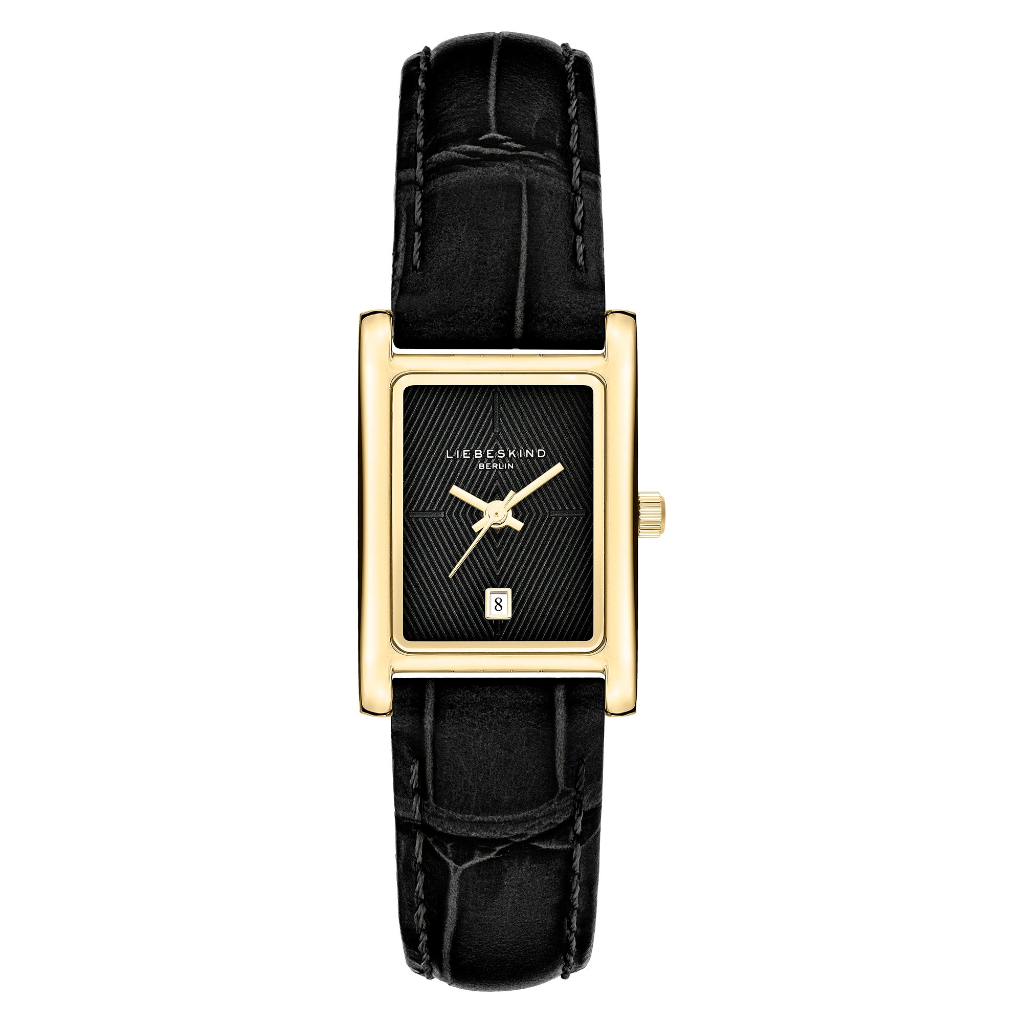 LIEBESKIND BERLIN Damenarmbanduhr mit rechteckigem goldfarbenem Gehäuse, schwarzem Zifferblatt und schwarzem Lederarmband.