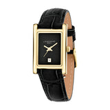 Rechteckige LIEBESKIND BERLIN Damenarmbanduhr mit goldfarbenem Gehäuse, strukturiertem schwarzem Zifferblatt und schwarzem Lederarmband.