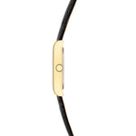 Seitenansicht der LIEBESKIND BERLIN Damenarmbanduhr mit schlankem goldfarbenem Gehäuse und schwarzem Lederarmband.