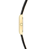 Seitenansicht der LIEBESKIND BERLIN Damenarmbanduhr mit schlankem goldfarbenem Gehäuse und schwarzem Lederarmband.