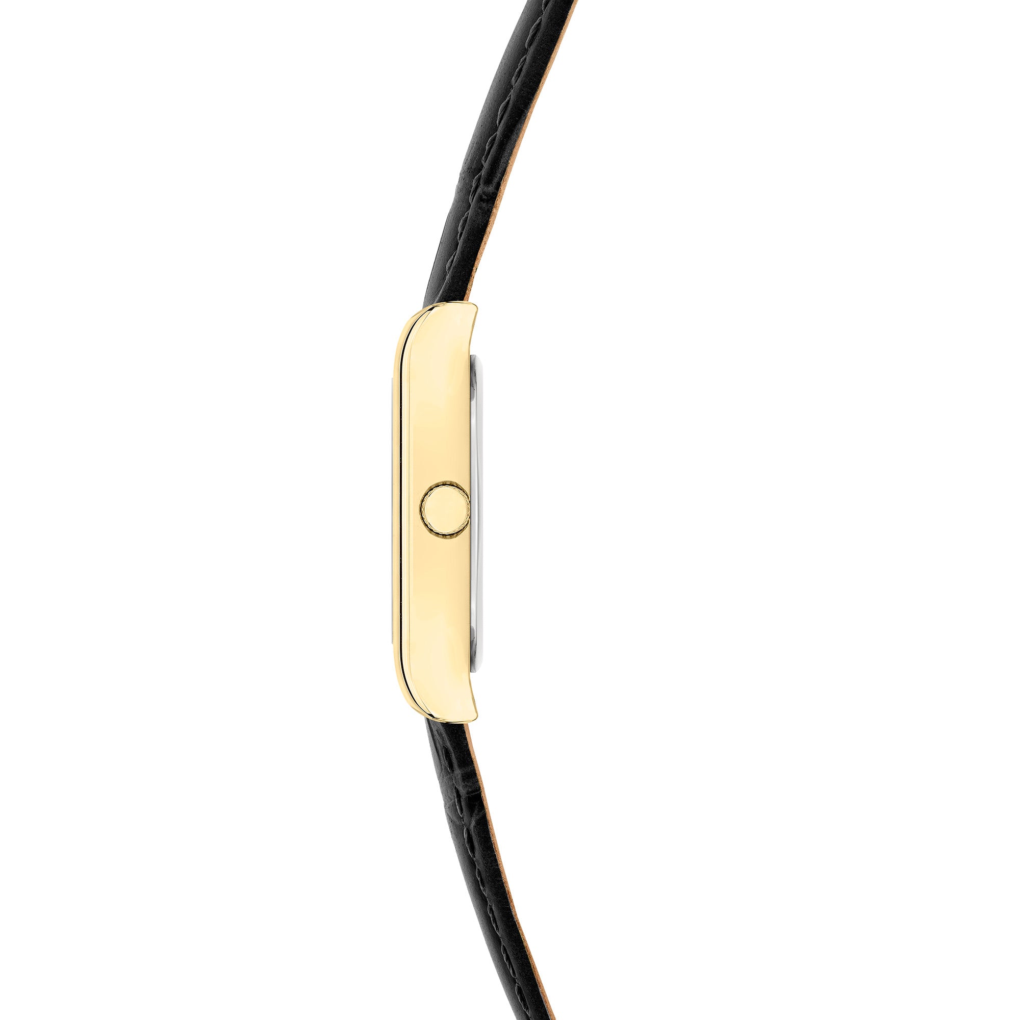 Seitenansicht der LIEBESKIND BERLIN Damenarmbanduhr mit schlankem goldfarbenem Gehäuse und schwarzem Lederarmband.