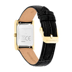 Rückansicht der rechteckigen LIEBESKIND BERLIN Damenarmbanduhr mit schwarzem Lederarmband und goldfarbener Dornschließe.