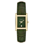 LIEBESKIND BERLIN Damenarmbanduhr mit rechteckigem goldfarbenem Gehäuse, grünem Zifferblatt und dunkelgrünem Lederarmband.