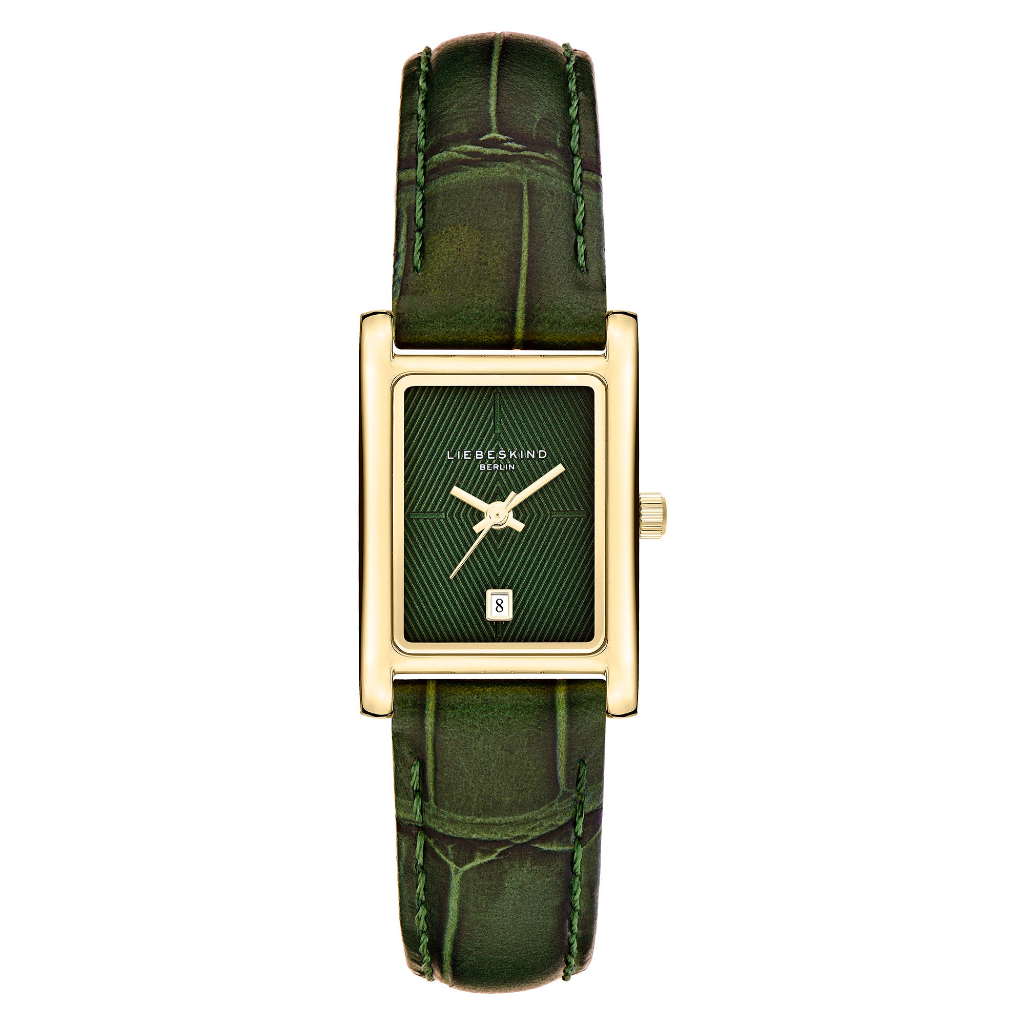LIEBESKIND BERLIN Damenarmbanduhr mit rechteckigem goldfarbenem Gehäuse, grünem Zifferblatt und dunkelgrünem Lederarmband.