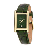 Rechteckige LIEBESKIND BERLIN Damenarmbanduhr mit goldfarbenem Gehäuse, strukturiertem grünem Zifferblatt und dunkelgrünem Lederarmband.