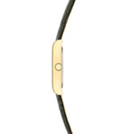 Seitenansicht der LIEBESKIND BERLIN Damenarmbanduhr mit schlankem goldfarbenem Gehäuse und dunkelgrünem Lederarmband.