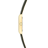 Seitenansicht der LIEBESKIND BERLIN Damenarmbanduhr mit schlankem goldfarbenem Gehäuse und dunkelgrünem Lederarmband.