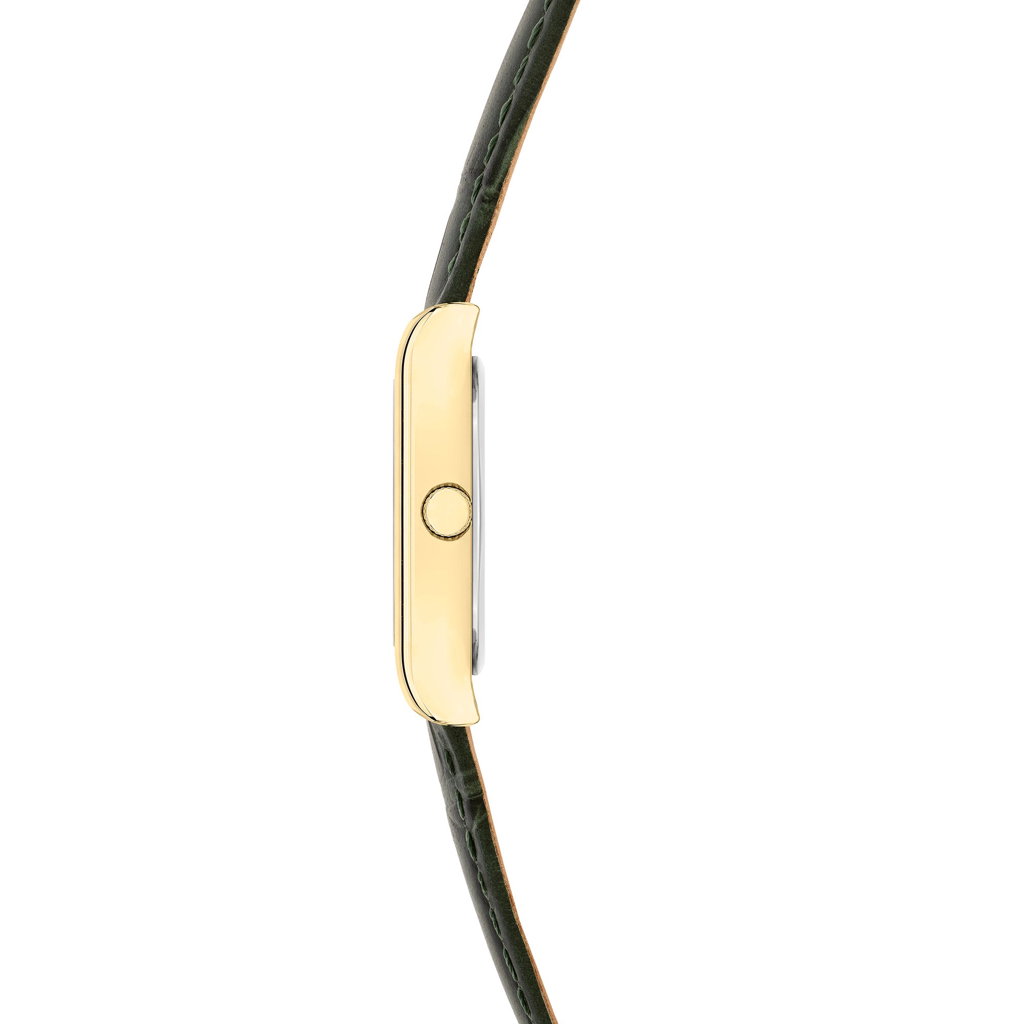 Seitenansicht der LIEBESKIND BERLIN Damenarmbanduhr mit schlankem goldfarbenem Gehäuse und dunkelgrünem Lederarmband.