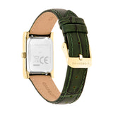 Rückansicht der rechteckigen LIEBESKIND BERLIN Damenarmbanduhr mit dunkelgrünem Lederarmband und goldfarbener Dornschließe