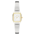 LIEBESKIND BERLIN Damenarmbanduhr mit eckigem Bicolor-Gehäuse, weißem Zifferblatt und silberfarbenem Edelstahlarmband.