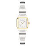 LIEBESKIND BERLIN Damenarmbanduhr mit eckigem Bicolor-Gehäuse, weißem Zifferblatt und silberfarbenem Edelstahlarmband.
