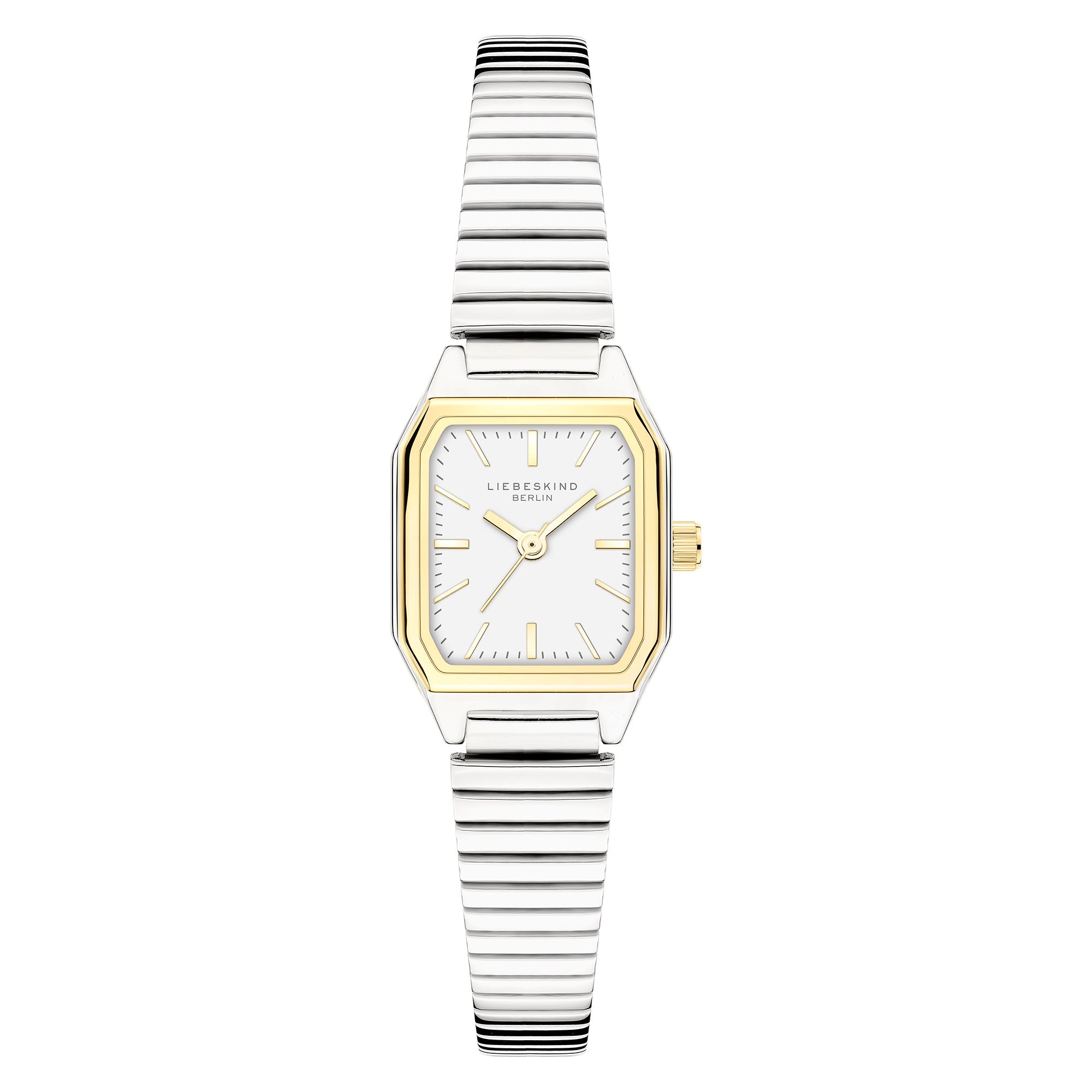 LIEBESKIND BERLIN Damenarmbanduhr mit eckigem Bicolor-Gehäuse, weißem Zifferblatt und silberfarbenem Edelstahlarmband.