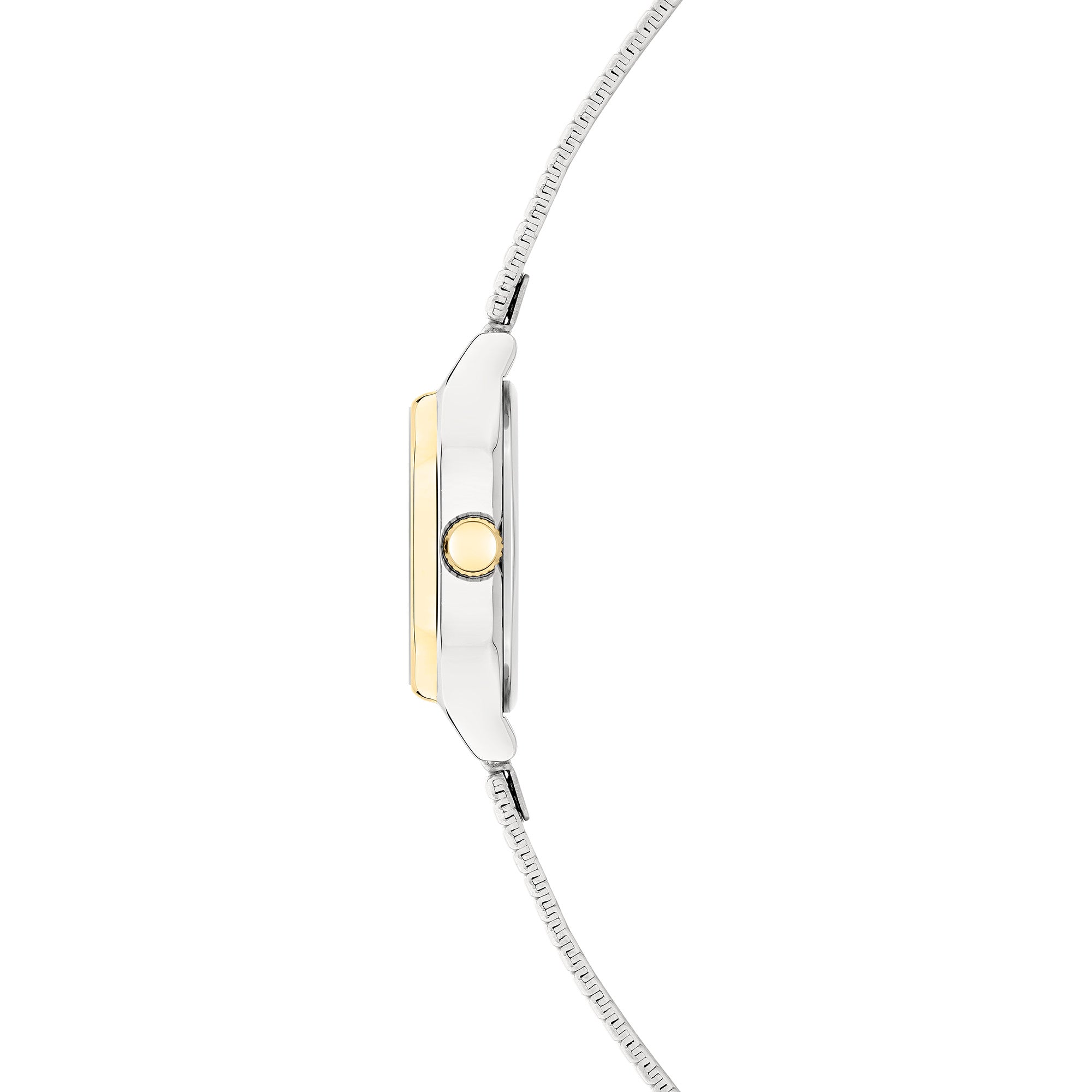 Seitenansicht der LIEBESKIND BERLIN Damenarmbanduhr mit schlankem Bicolor-Gehäuse, goldfarbener Krone und Edelstahlarmband.