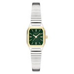 LIEBESKIND BERLIN Damenarmbanduhr mit eckigem Bicolor-Gehäuse, grünem Zifferblatt und silberfarbenem Edelstahlarmband.