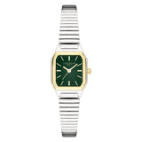 LIEBESKIND BERLIN Damenarmbanduhr mit eckigem Bicolor-Gehäuse, grünem Zifferblatt und silberfarbenem Edelstahlarmband.