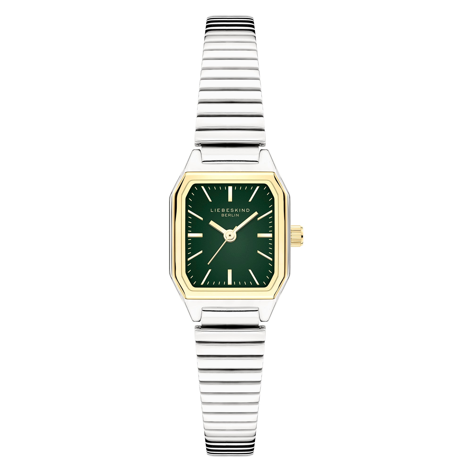 LIEBESKIND BERLIN Damenarmbanduhr mit eckigem Bicolor-Gehäuse, grünem Zifferblatt und silberfarbenem Edelstahlarmband.