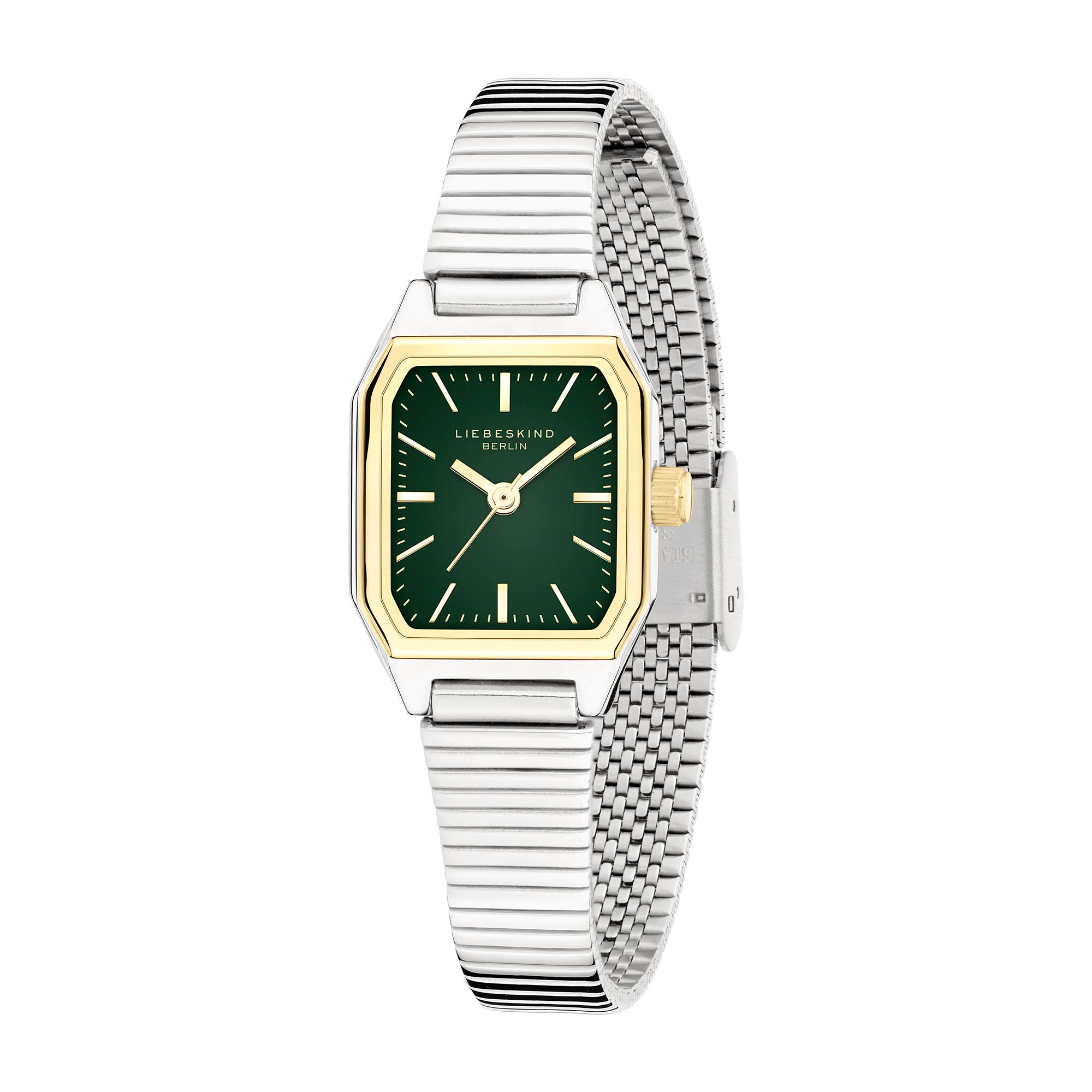 Eckige LIEBESKIND BERLIN Damenarmbanduhr in Bicolor mit dunkelgrünem Zifferblatt, goldfarbenen Details und Edelstahlarmband.