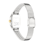 Rückansicht der LIEBESKIND BERLIN Damenarmbanduhr mit flexiblem Edelstahlarmband, Schließe und eckigem Bicolor-Gehäuse.