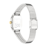 Rückansicht der LIEBESKIND BERLIN Damenarmbanduhr mit flexiblem Edelstahlarmband, Schließe und eckigem Bicolor-Gehäuse.