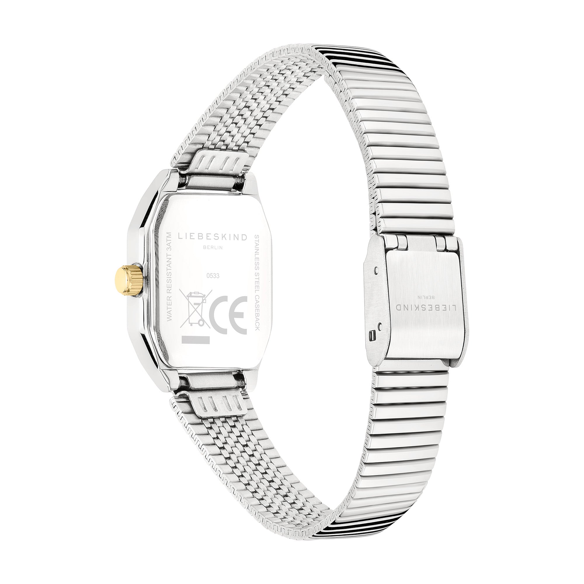 Rückansicht der LIEBESKIND BERLIN Damenarmbanduhr mit flexiblem Edelstahlarmband, Schließe und eckigem Bicolor-Gehäuse.