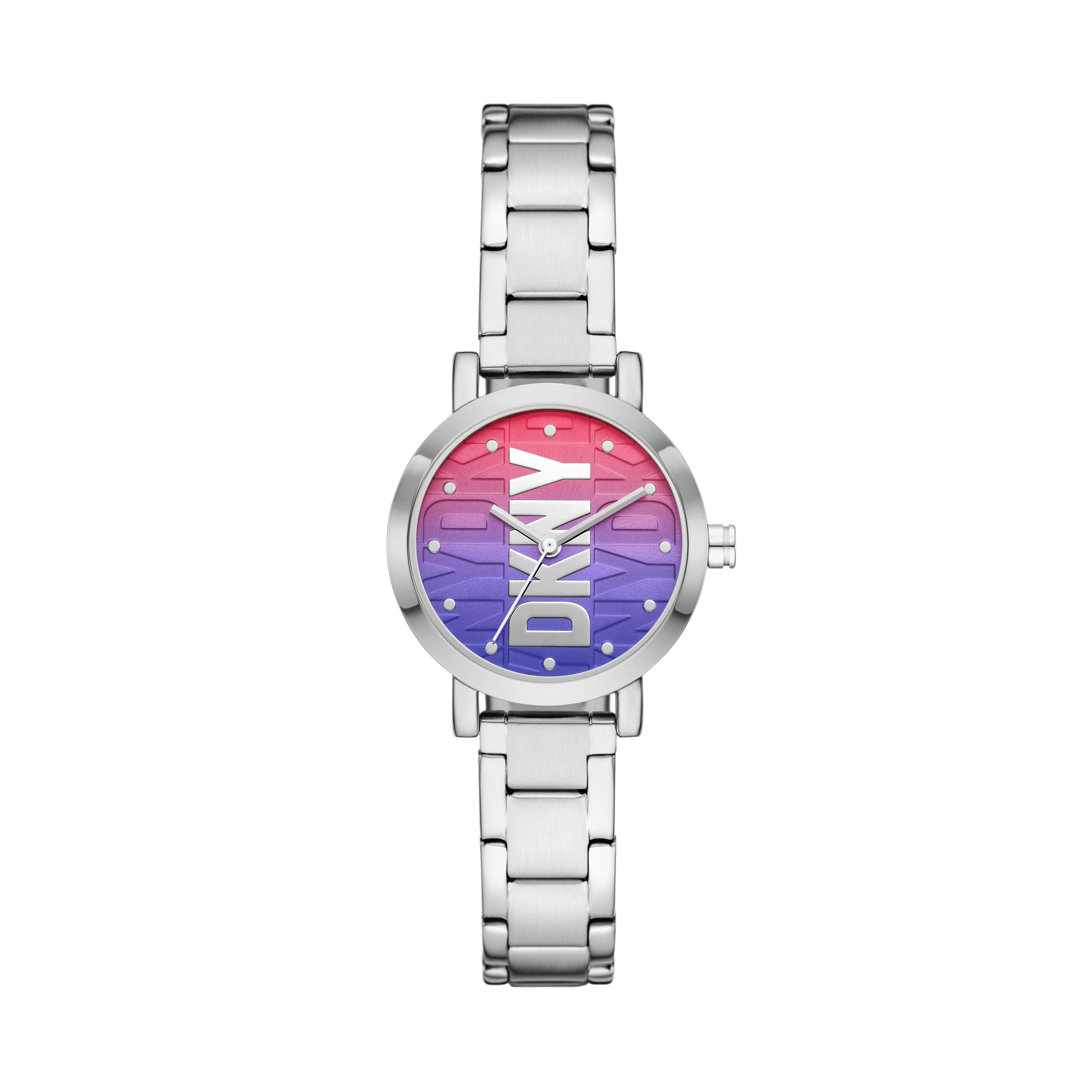 DKNY Armbanduhr mit farbverlaufendem Zifferblatt in Rosa und Lila, mit großem silbernem DKNY-Logo und silbernen Akzenten, silbernem Gehäuse und silbernem Gliederband; Produktbild