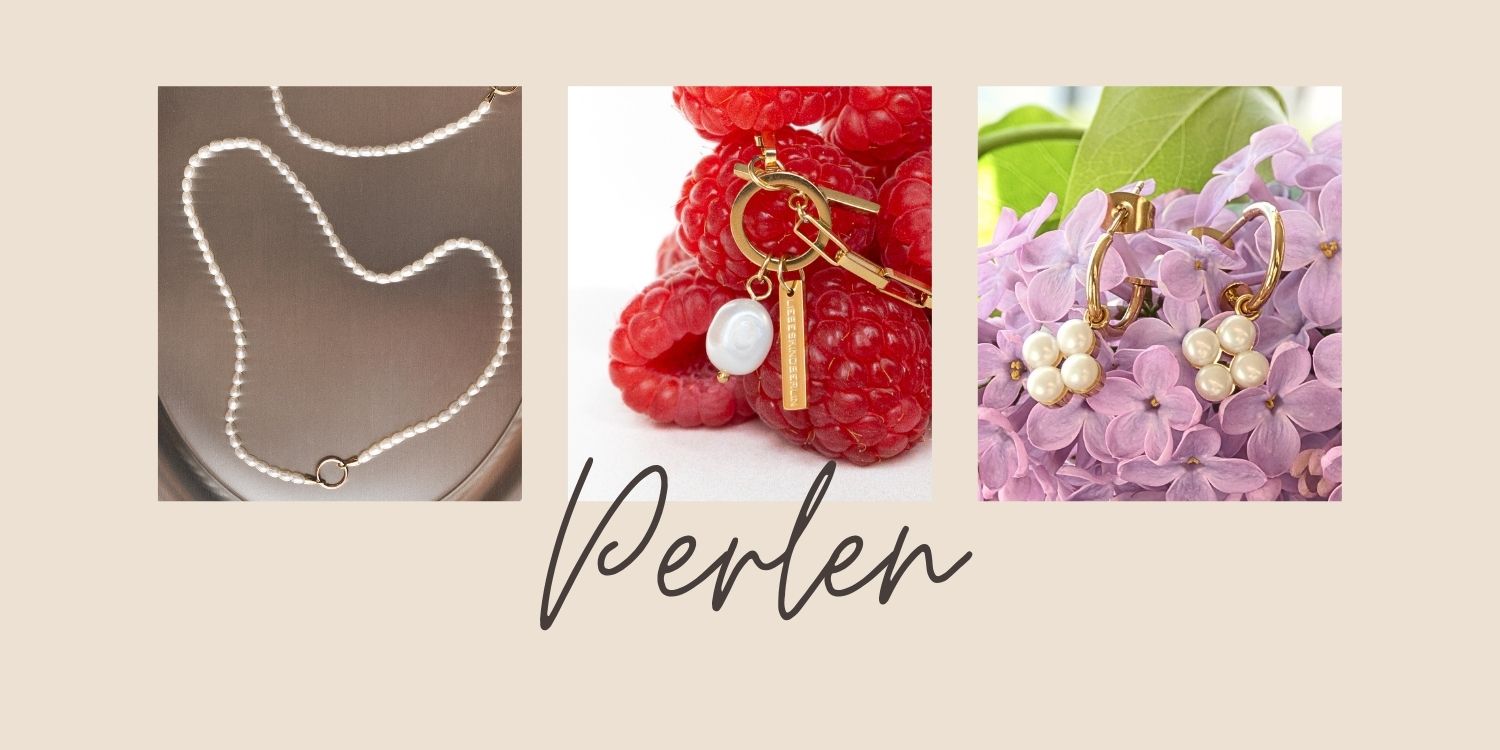 Collage mit Perlenschmuck – Halskette, Charm-Armband und Perlenohrringen in Gold.