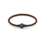 Philipp Plein Herren Armband PP Brown Tag – braunes geflochtenes Lederarmband mit schwarzer Hexagon-Schließe und PP Logo