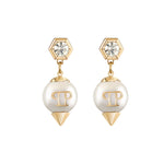Philipp Plein Ohrringe Rhapsody Pearl – vergoldete Creolen mit weißer Perle und vergoldetem Hexagon-Logo