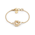 Goldfarbenes Philipp Plein Armband mit feiner Gliederkette, ineinandergreifenden sechseckigen Elementen, PP Logo und funkelndem Steinbesatz