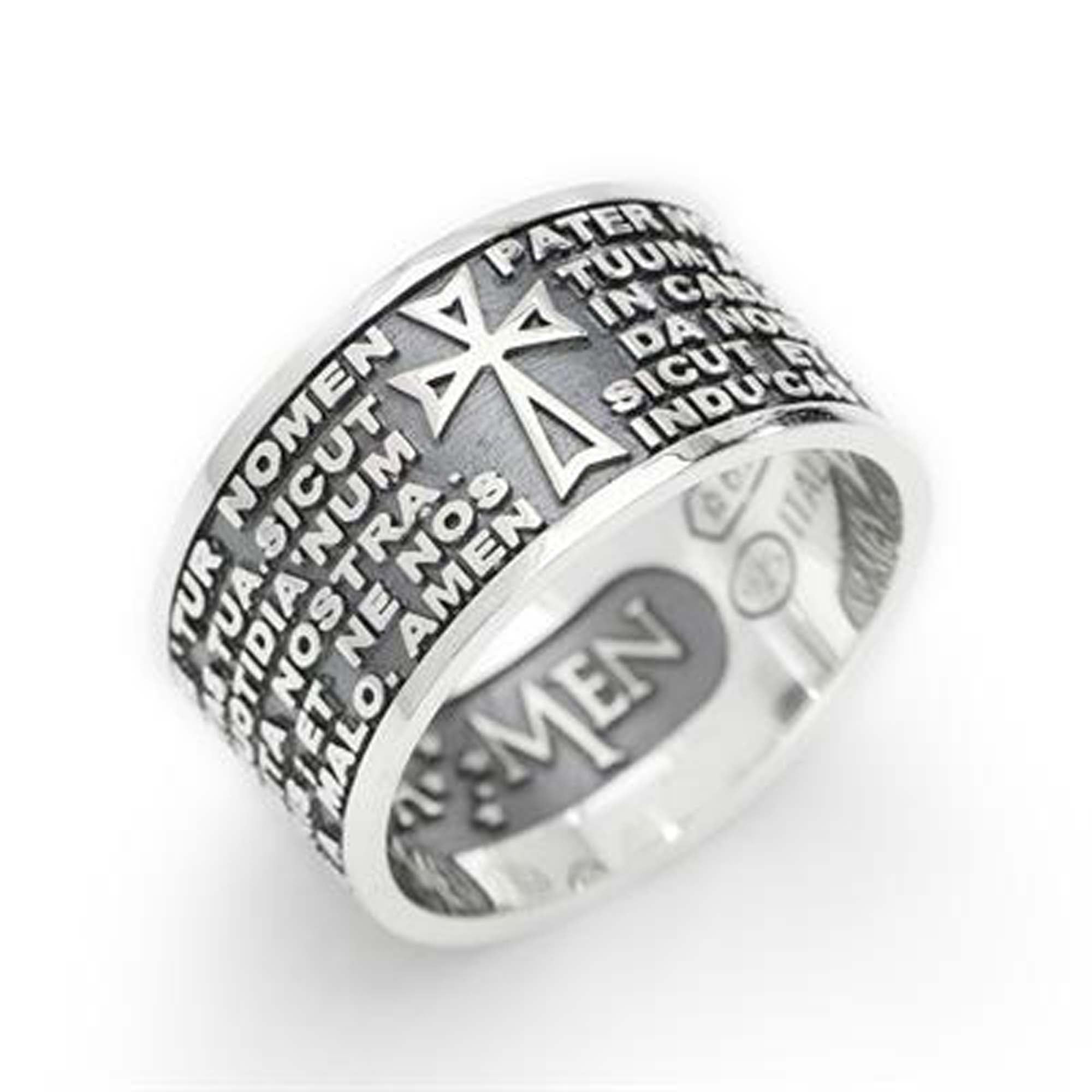 Silber-schwarzer Amen Ring mit silbernem, religiösen Schriftzügen und einem silbernen Kreuz; Größe 62, Produktbild