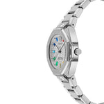 Seitliche Ansicht der Philipp Plein Royal Prestige Armbanduhr für Damen in Silber mit farbigen Details und Metallarmband