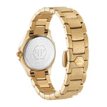 Rückansicht der Philipp Plein The Spectre Small Damenuhr mit goldenem Metallarmband und Gehäuseboden