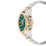 Philipp Plein The Skull Armbanduhr mit grünem Zifferblatt und bicolor Metallarmband in Seitenansicht