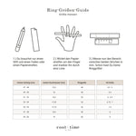 Ringgrößen-Guide von cool time mit Anleitung zur Messung per Papierstreifen und Größentabelle in mm, EU- und US-Größen.
