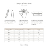 Ringgrößen-Guide von cool time mit Anleitung zur Messung per Papierstreifen und Größentabelle in mm, EU- und US-Größen.